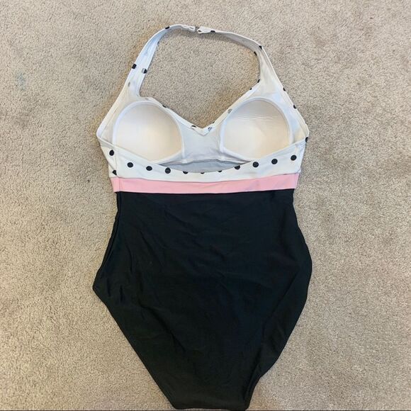POLKADOT halter top one piece swimsuit Sz 12 Black white pink - Picture 2 of 9